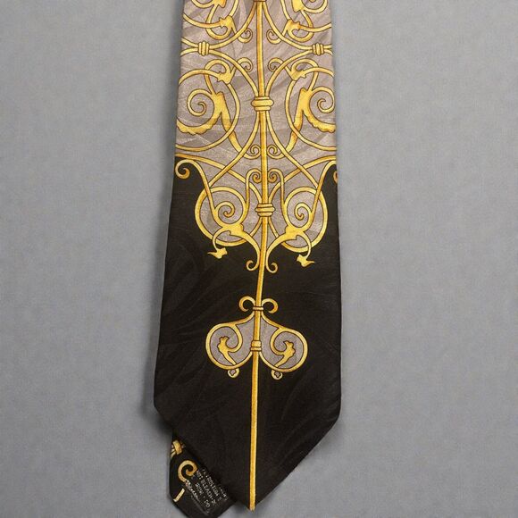 Vtg GIANNI VERSACE 90s Silk Tie Black Gold Baroque Floral Italy HANDMADE Spain - Picture 2 of 6